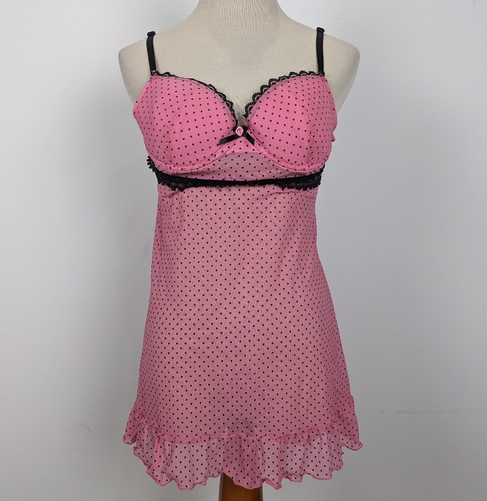 Flora’s Follies Pink/Black Ruched Underwire Moulded Cups Chemise Size Medium